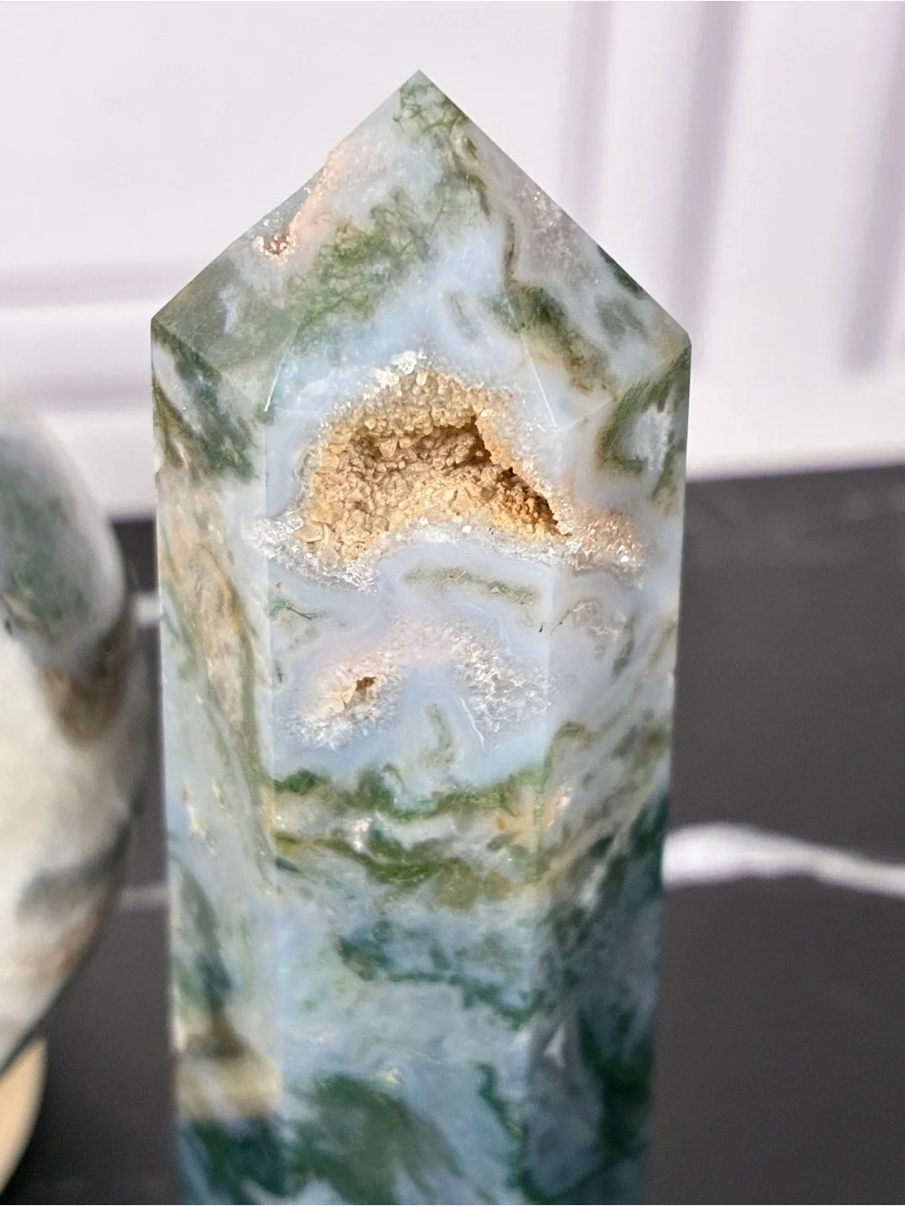 Emerald Dreamscape — Moss Agate Druzy Sphere & Tower Crystal Set
